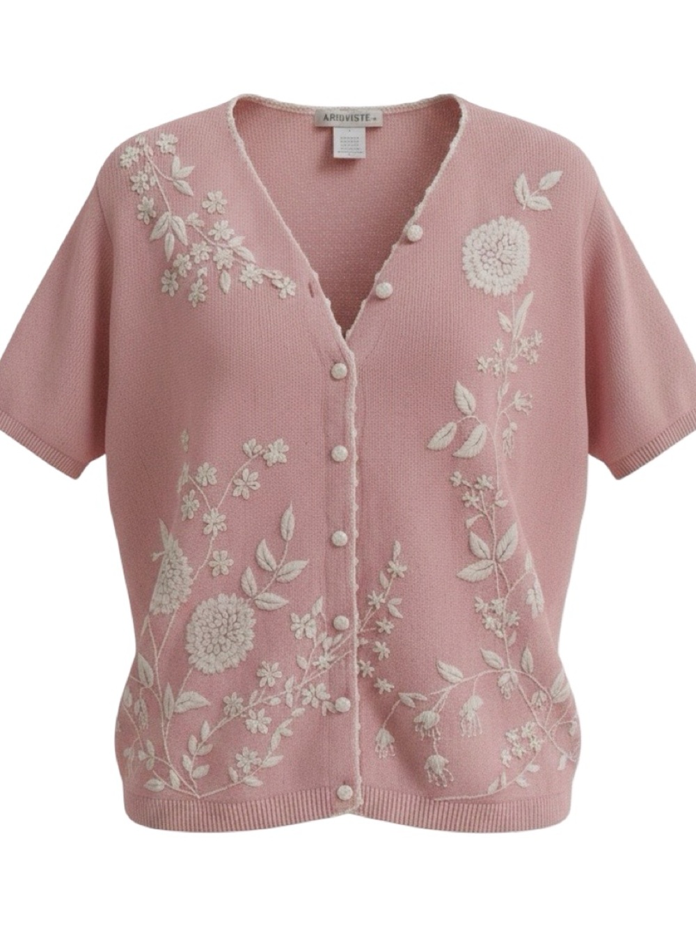Arriviste Pink Short-Sleeve Embroidered Button Cardigan